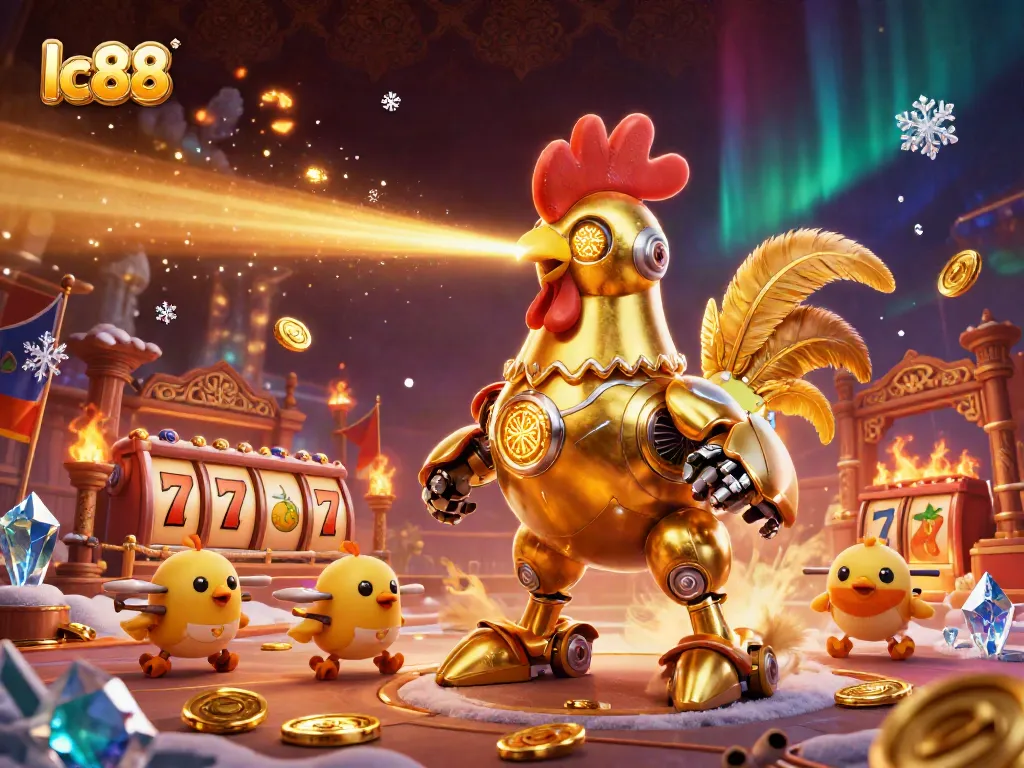 Engage with lc88 in a vibrant casino scene featuring a golden rooster robot and baby chick drones.