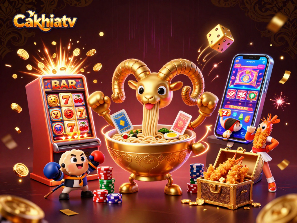 Cakhiatv showcases a lively 3D cartoon casino scene with a golden ramen bowl dealer and thrilling slot machine action.