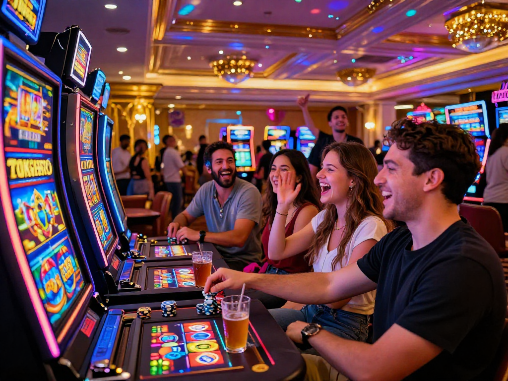 Pengalaman bermain slot7000 yang seru di kasino dengan teman-teman, suasana menyenangkan penuh cahaya neons.