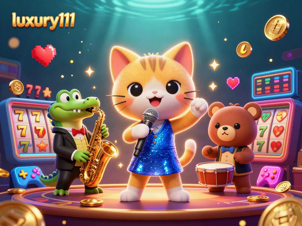 Engage with luxury111 at an exciting casino concert featuring vibrant characters and gaming elements.