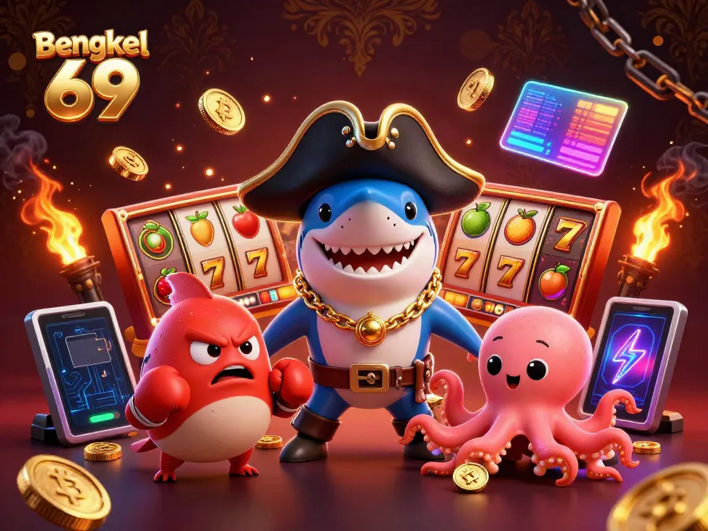 Bengkel 69 showcases a vibrant 3D cartoon scene with a pirate shark and friends celebrating slot game wins.