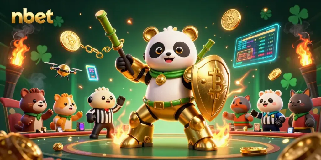 Engage with nbet's thrilling casino action featuring a golden panda robot amidst vibrant gaming elements.