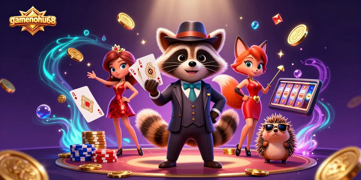 Experience exciting wins at gamenohu68 with vibrant casino characters amidst cascading golden coins and poker chips.