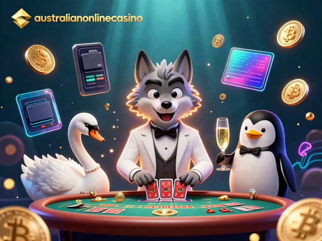 A visually rich scene showing the australianonlinecasino characters at a baccarat table with cryptocurrency elements, ideal for gamblers.