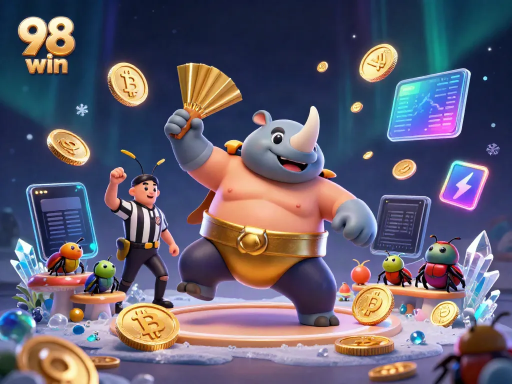 Play 98 win engagingly with a sumo beetle champion amidst flying coins and vibrant crypto elements