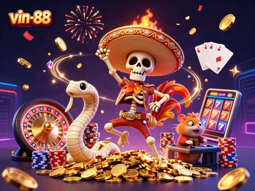 Win big with vin-88 in this vibrant casino scene featuring animated characters and gaming elements.