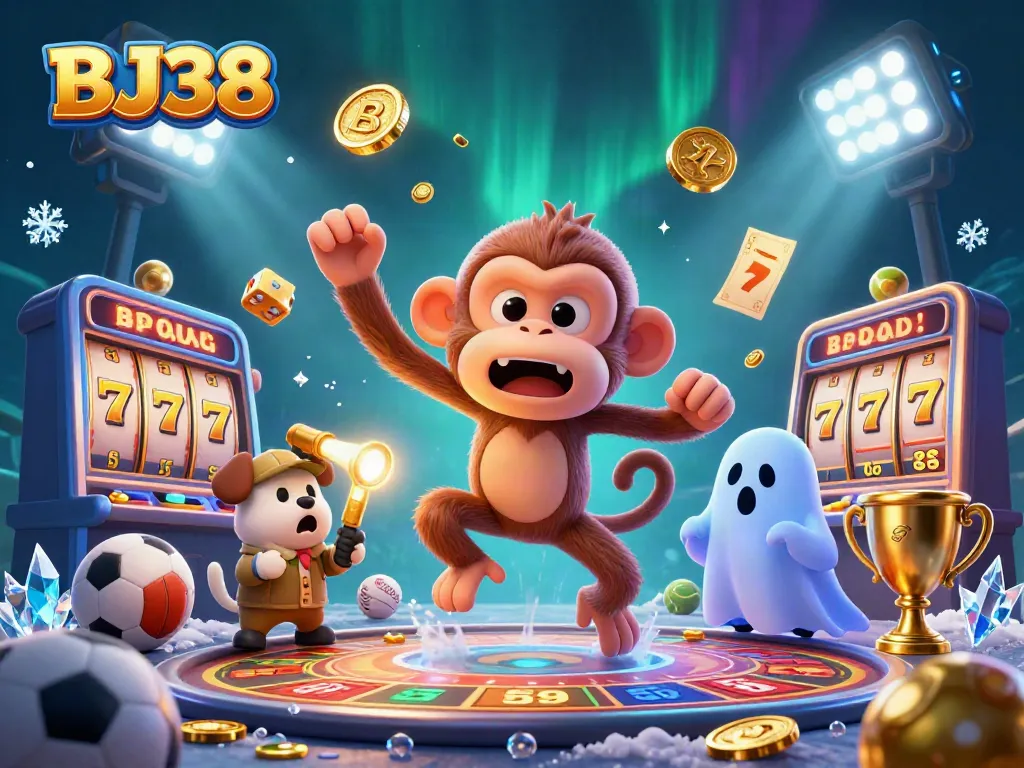 Enjoy thrilling casino gameplay at BJ38 with a playful ghost monkey juggling lucky slot symbols and coins.