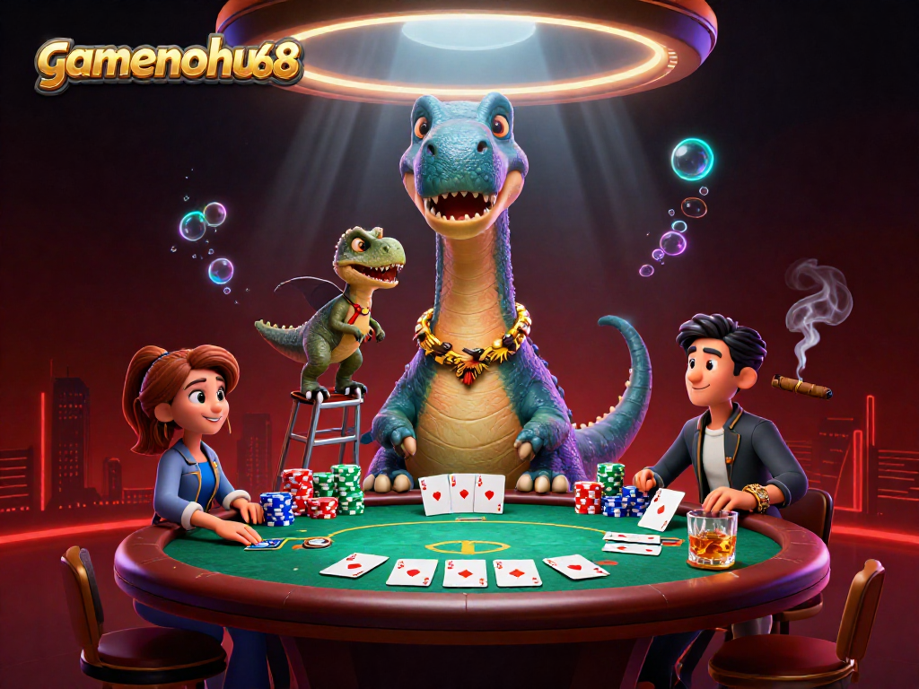 Experience the excitement at gamenohu68 with a lively poker scene featuring vibrant characters and elements.