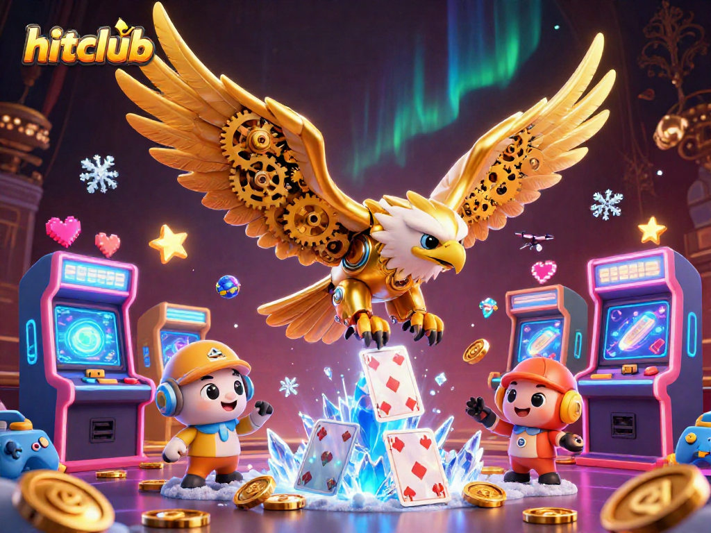 hitclub celebrates casino victories with a cybernetic eagle amidst vibrant gaming elements