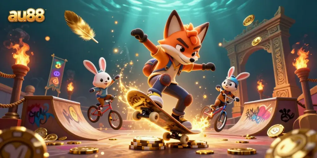 Experience exciting gaming action at AU88 with dynamic characters and vibrant casino symbols.