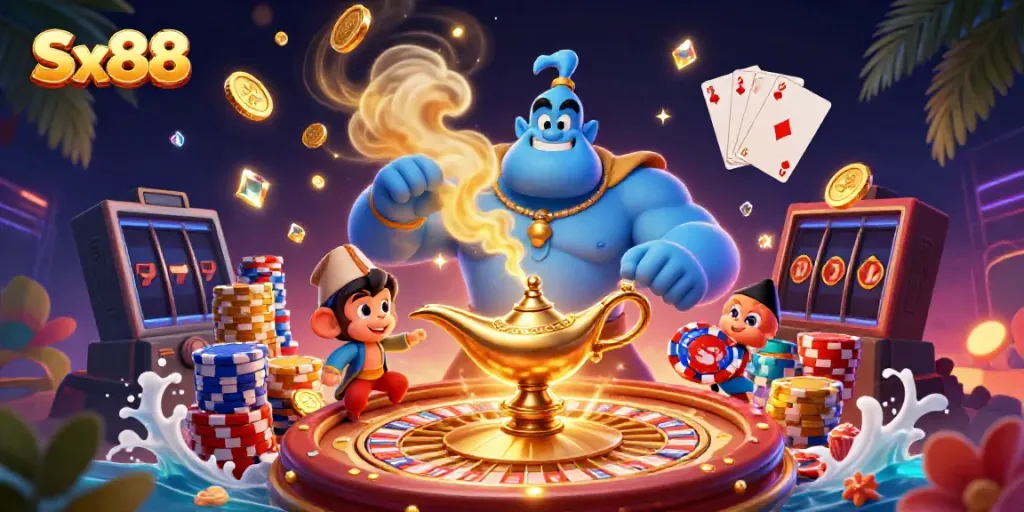 Experience the magic of Sx88 with a vibrant casino scene featuring a genie and poker elements.