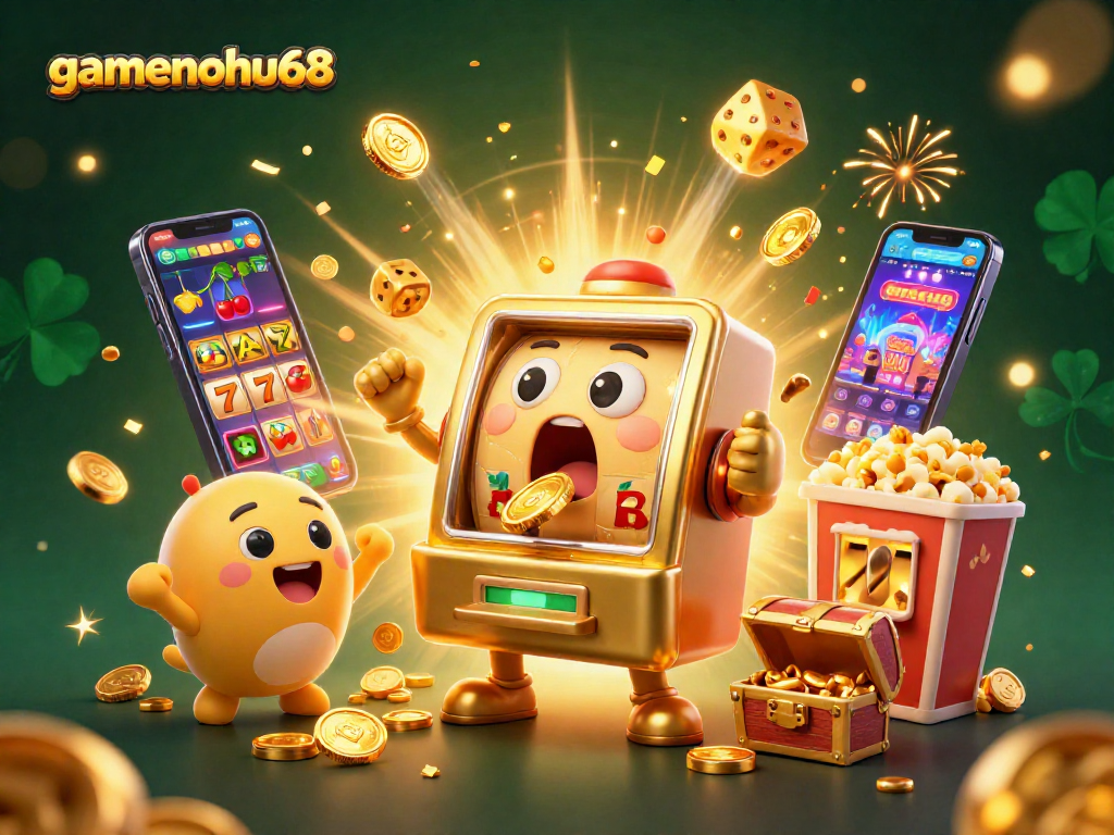 gamenohu68 showcases a cheerful golden slot machine hitting a jackpot amidst vibrant casino elements.