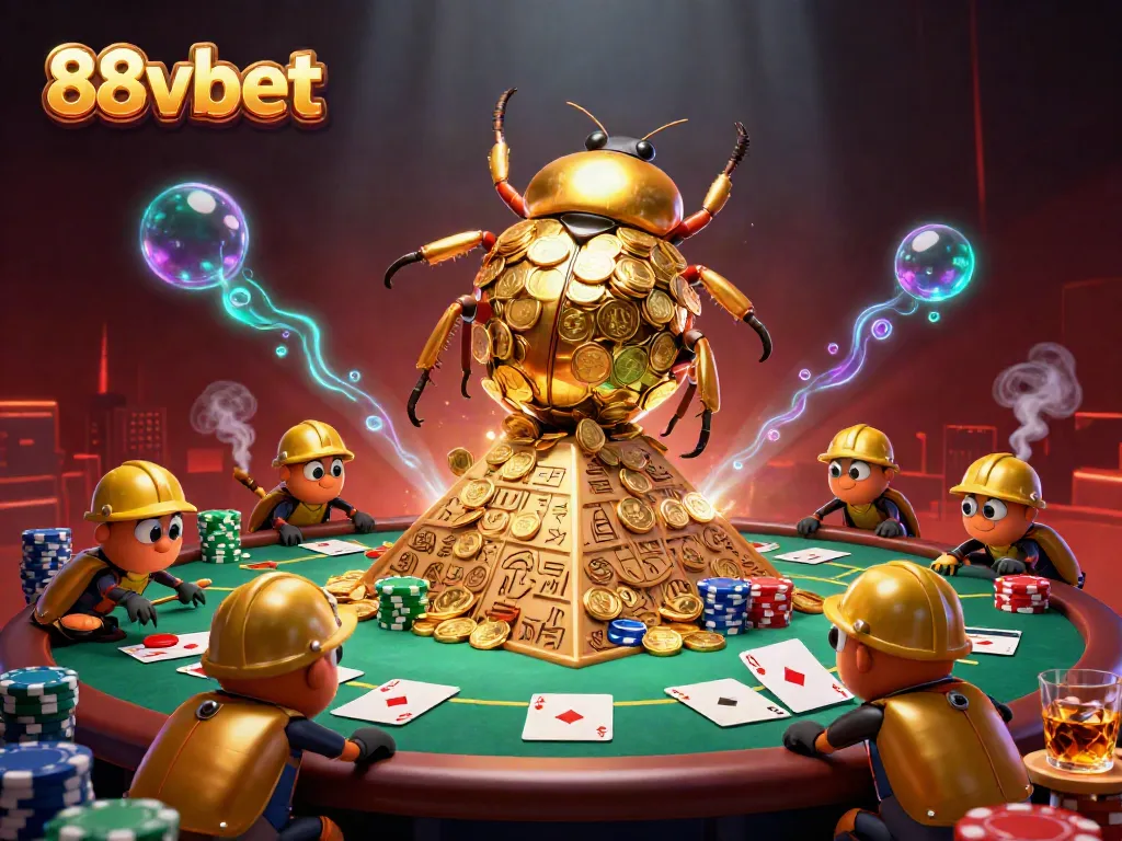 Engage in exciting gameplay with 88vbet at a vibrant cartoon casino scene filled with gold coins and poker elements.