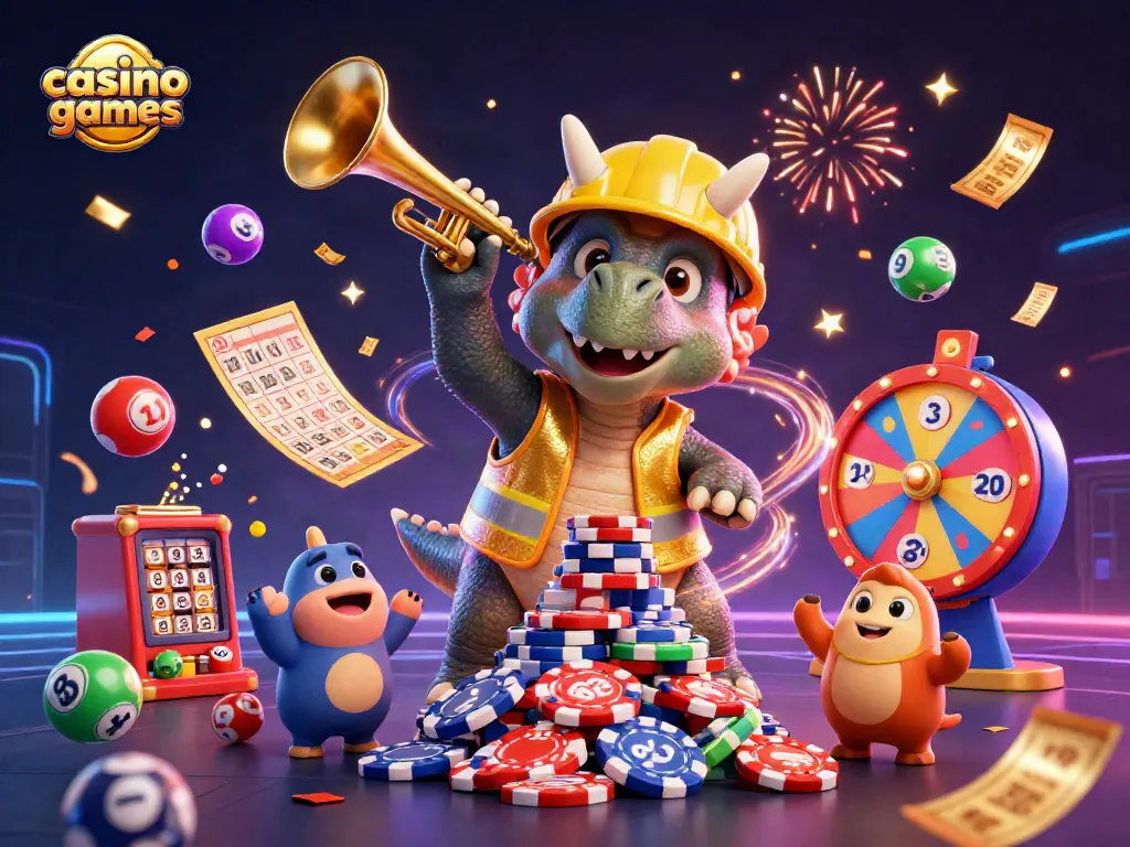 Celebrate with vibrant casino games as a triceratops builds poker chips amid a dynamic carnival.