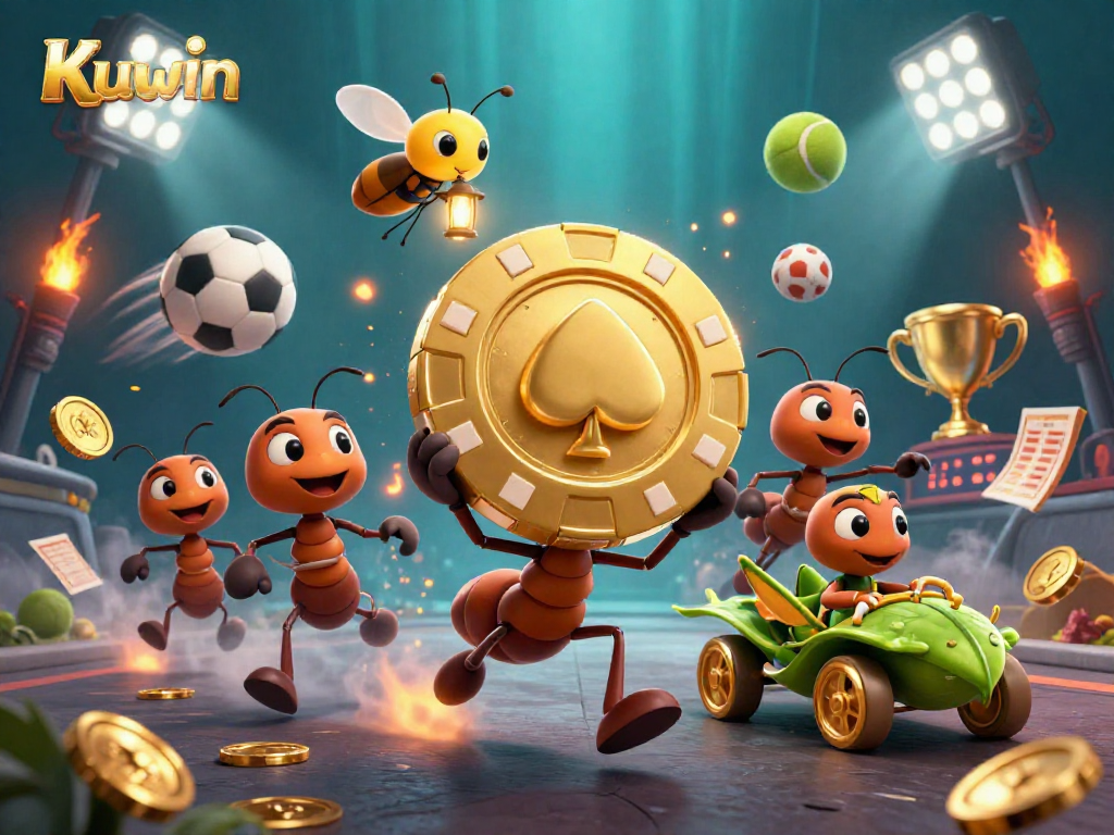 Experience a thrilling heist scene with Kuwin's team of playful ants stealing a giant poker chip amidst vibrant casino elements.