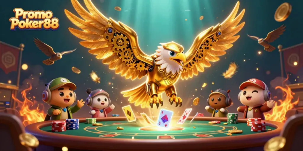 Experience exciting gameplay with Promo Poker88 as the golden eagle soars through a poker-themed scene.