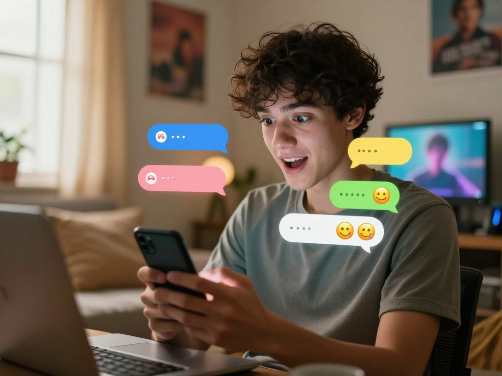 Engaging ai porn chat scene with young man in cozy digital environment, showcasing intimacy and playful interaction.