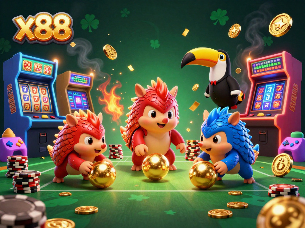 The x88 pangolins challenge at a vibrant casino, combining playful competition and slot excitement.