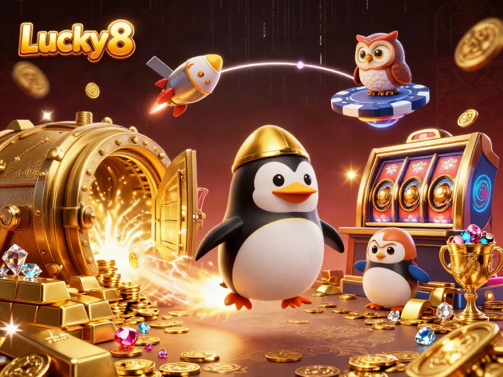 Experience the excitement of Lucky8 with a rocket-powered penguin amidst dazzling casino elements.