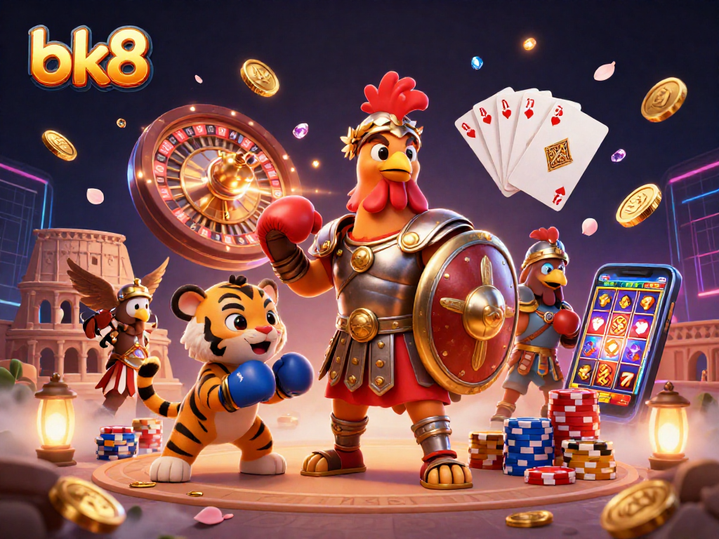Engage with bk8 in a lively 3D casino world featuring a gladiator rooster and vibrant gaming elements.