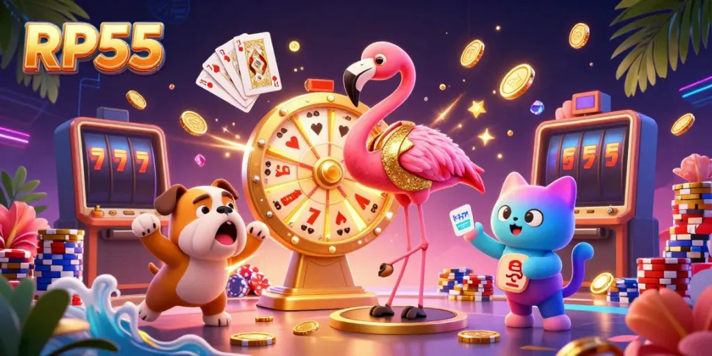 Spin to win big with RP55's vibrant casino illustration featuring exciting characters and dynamic game elements.