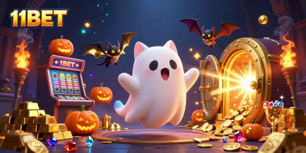 Engage with 11BET's vibrant casino experiences, featuring a whimsical ghost cat and treasures.
