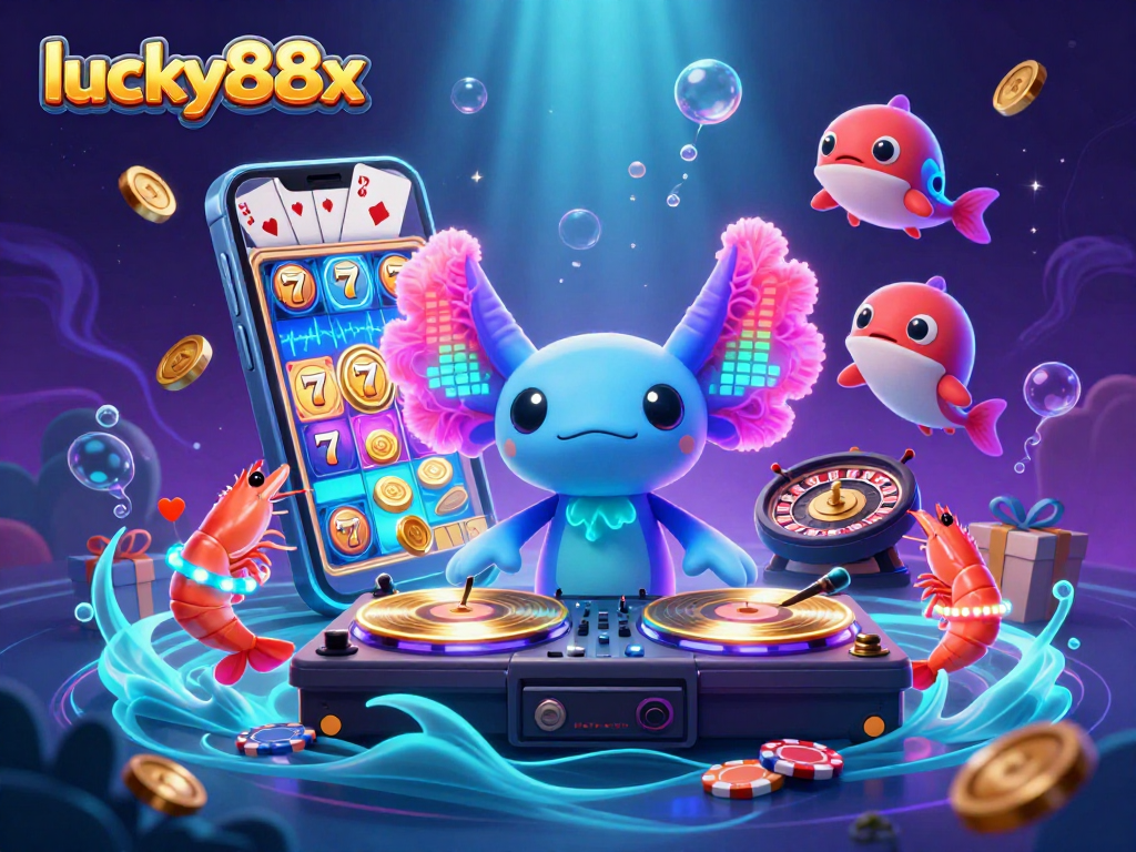 Engage with lucky88x at the vibrant underwater casino party featuring a neon axolotl DJ and animated sea creatures.