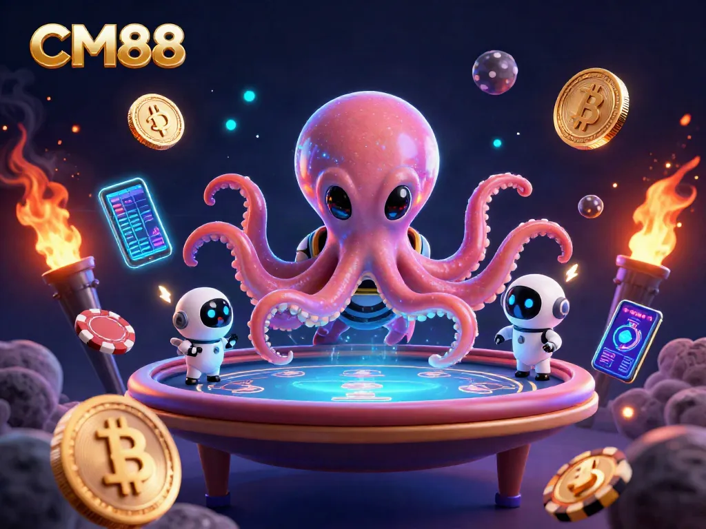 Experience thrilling gameplay with CM88 in a vibrant alien poker scene featuring holographic elements and crypto visuals.