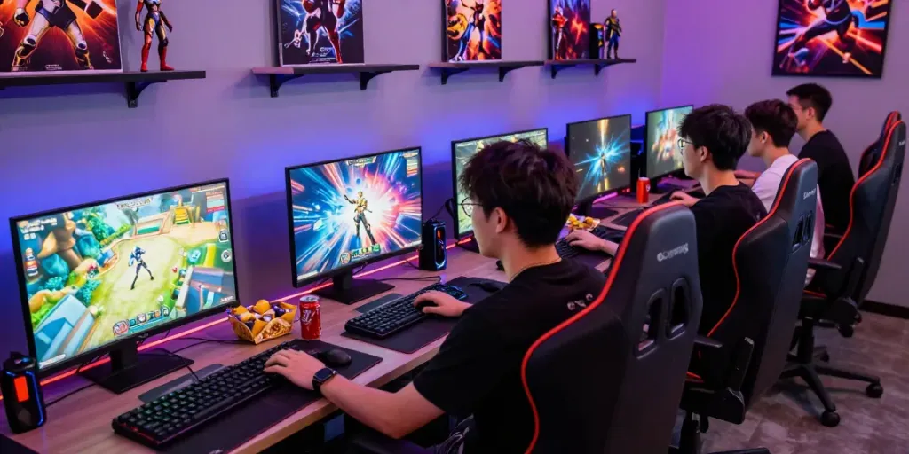 Cảnh tượng chơi game tại không gian hiện đại với nhóm bạn đang trải nghiệm f168, thiết bị chơi game và ánh đèn LED rực rỡ.