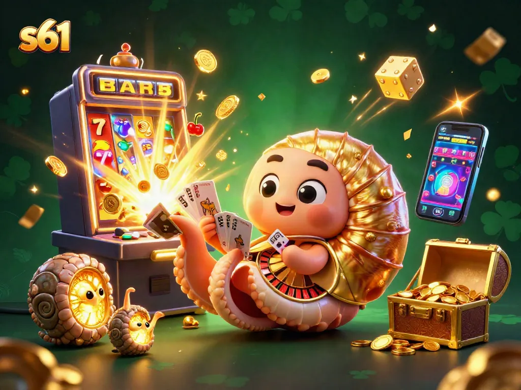 Experience the thrill of s61 with a giant nautilus roulette wheel, lively slot symbols, and golden dice.