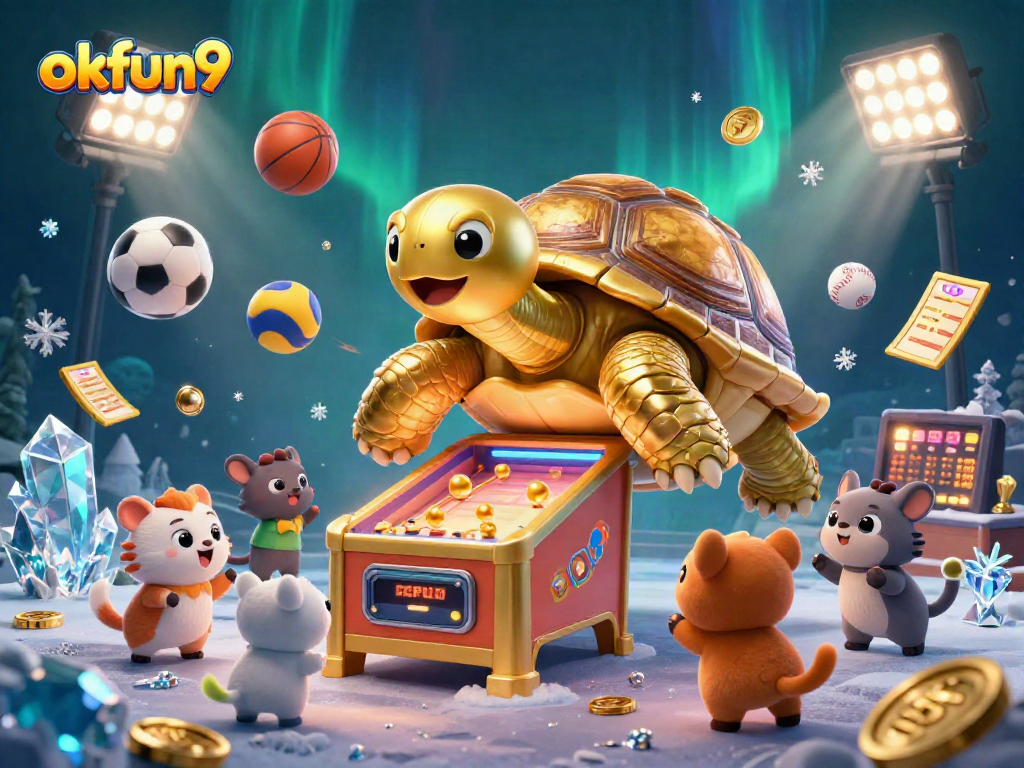 Experience the excitement of gaming at okfun9 with a dynamic tortoise-themed pinball scene.