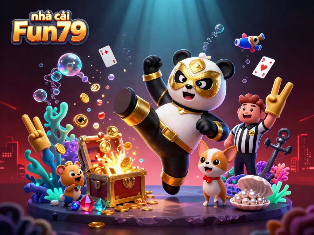 Engaging scene showcasing the nhà cái Fun79 with a panda wrestler kicking, while casino elements create a lively atmosphere.