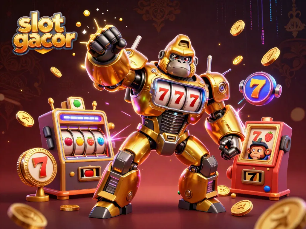 Experience winning thrills with slot gacor featuring a golden gorilla mech and dynamic casino elements.
