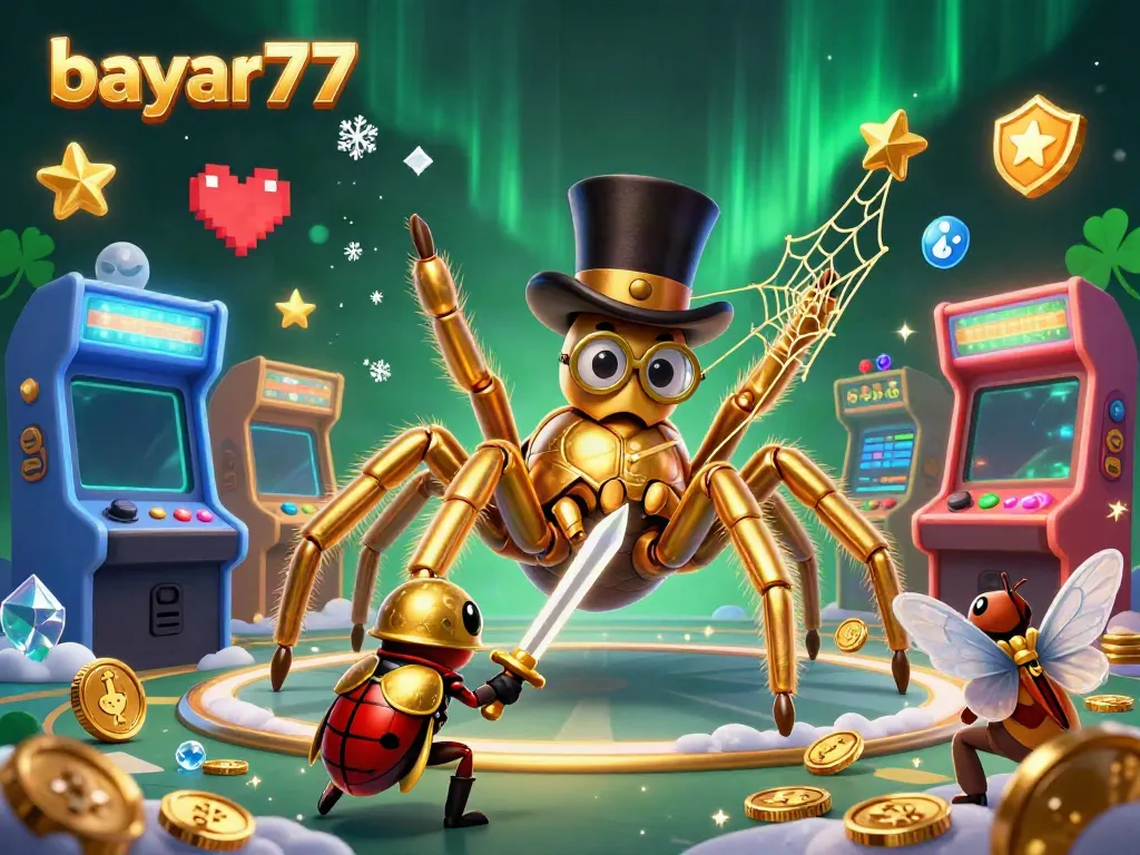 Experience thrilling gameplay at bayar77 with a stylish golden tarantula and beetle knight in a colorful casino scene.