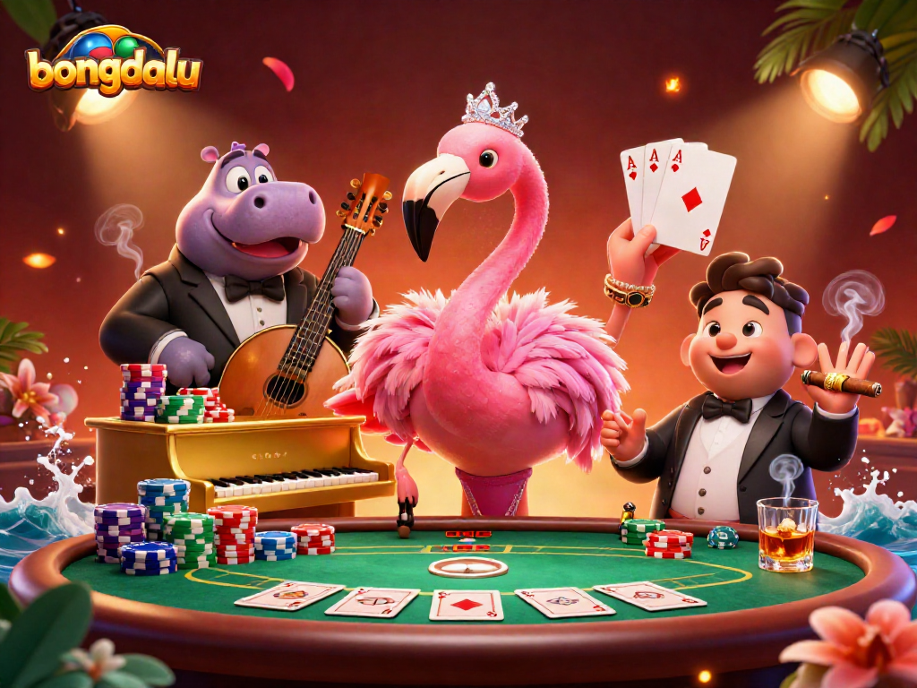 Bongdalu's vibrant casino scene showcases a flamingo singer and hippo bassist amidst poker chips and cards