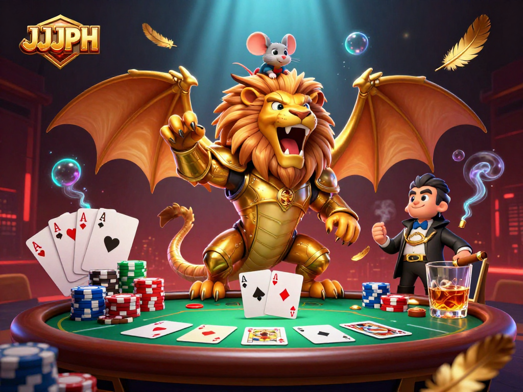 JJJPH ay nag-aalok ng kahanga-hangang 3D na paglalarawan ng isang makapangyarihang chimera at mouse jockey sa isang masayang poker scene.