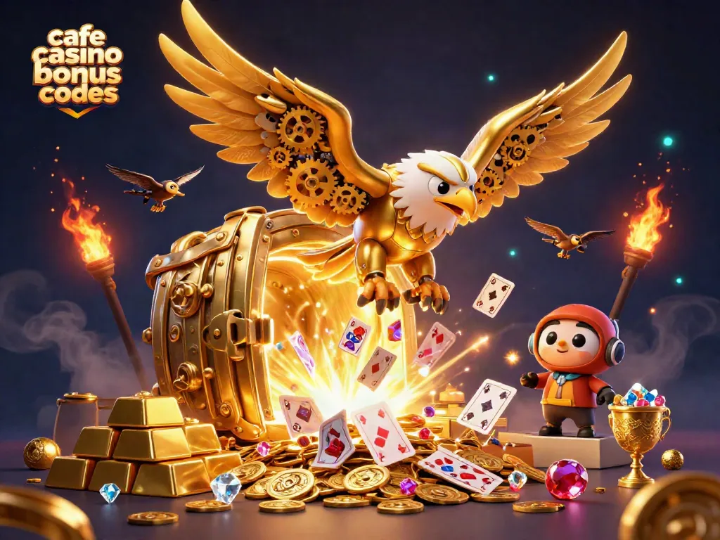 Explore cafe casino bonus codes with cybernetic eagle diving through playing cards