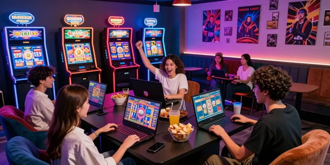 Engaged group playing bandar slot games in a vibrant gaming lounge, showcasing excitement and modern gaming culture.