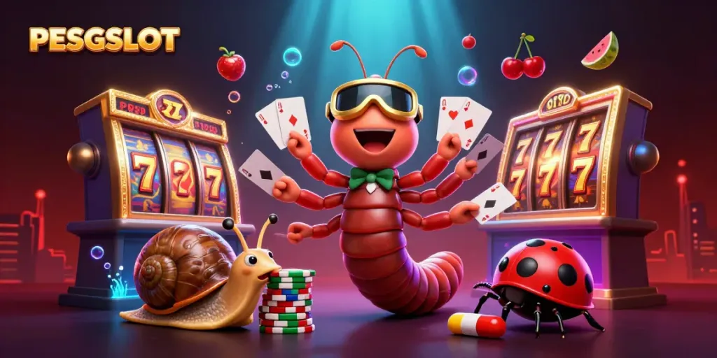 PESGSLOT menghadirkan dealer kartun dengan tangan kecil yang memegang kartu di tengah adegan perjudian yang penuh emosi dan simbol slot.