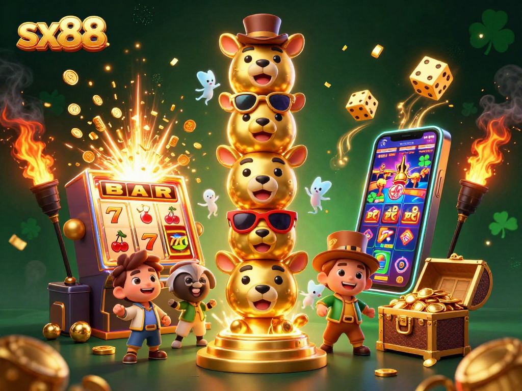 SX88 features a golden totem pole with spirits, surrounded by lively casino elements illustrating an exciting jackpot scene.