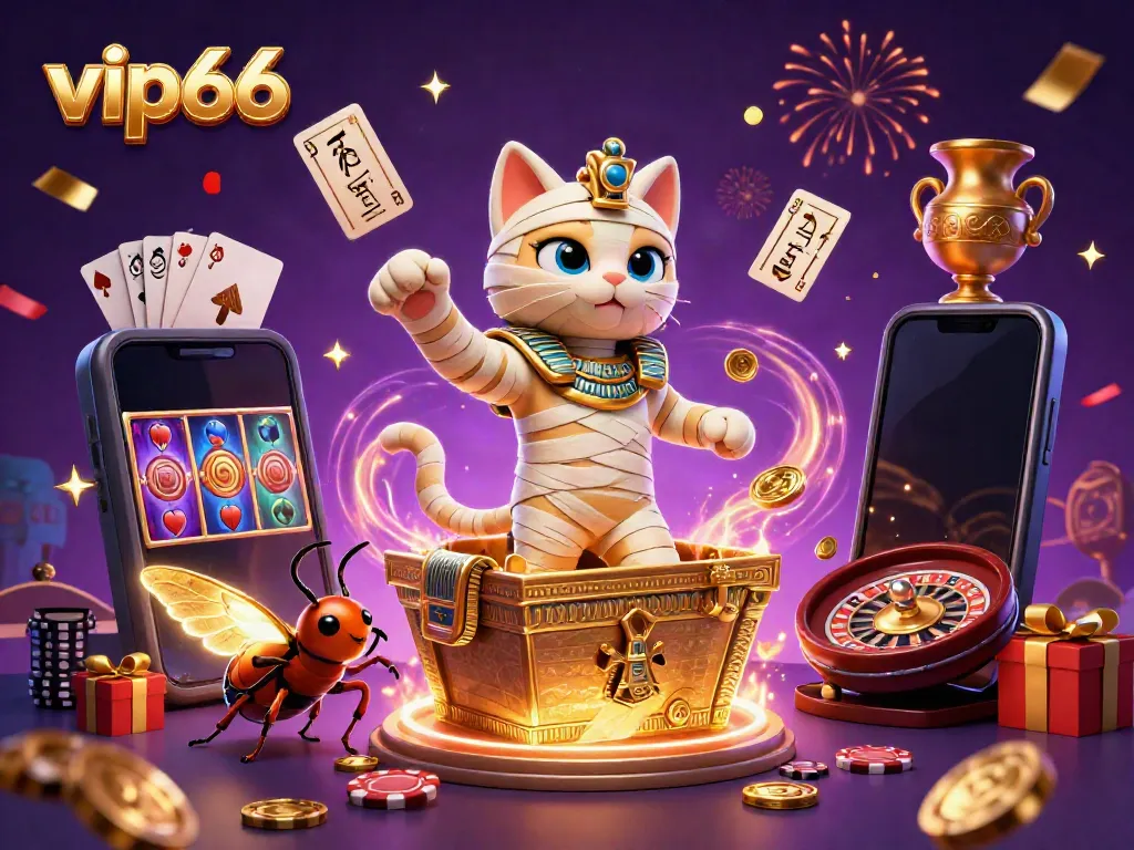 Engage with excitement in the vip66 online casino featuring an Egyptian mummy cat and a scarab beetle.