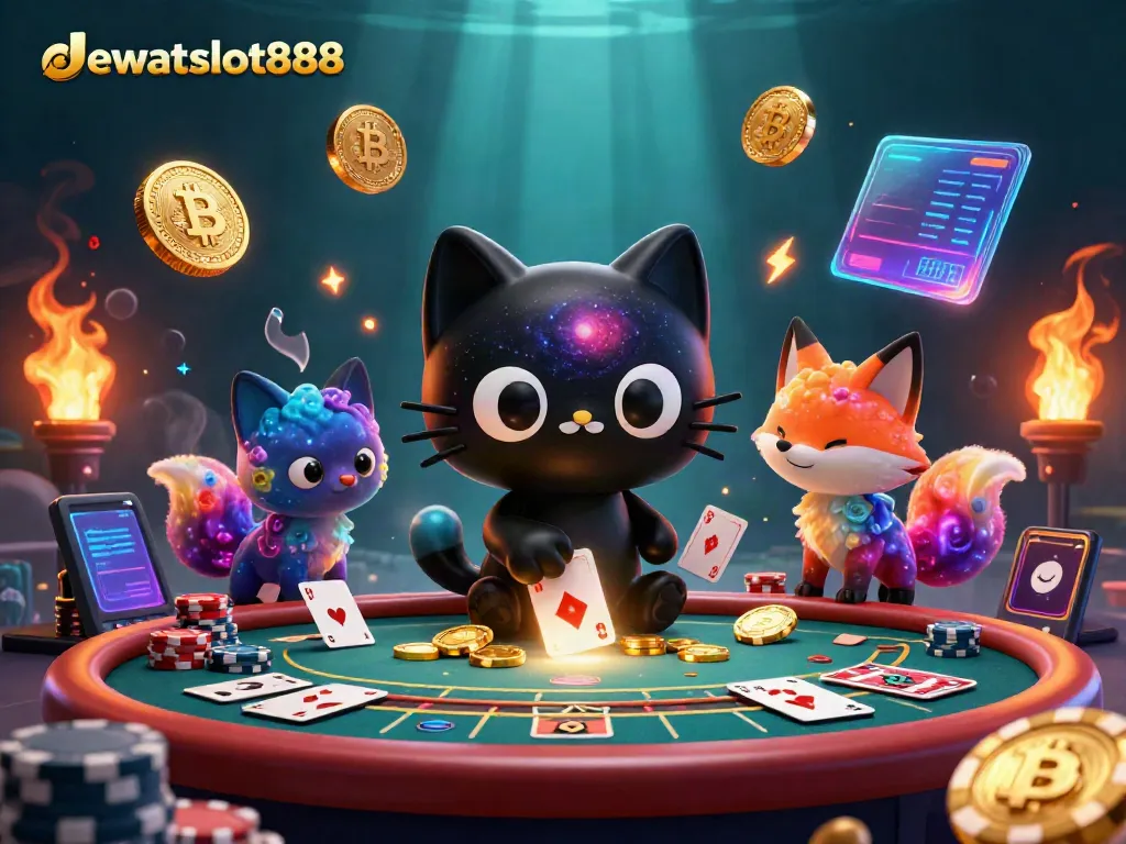 Permainan live casino dewataslot888 menampilkan kucing hitam galaksi dan rubah nebula yang mengumpulkan chip emas.