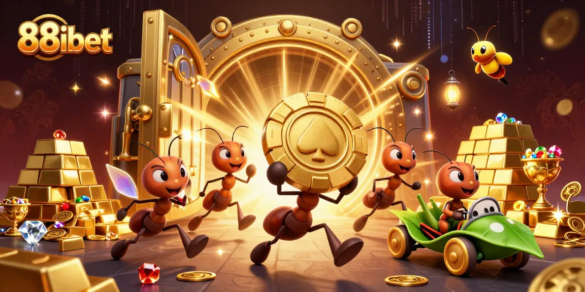 Join the adventure with 88ibet as ants carry a giant poker chip in a vibrant casino heist scene.