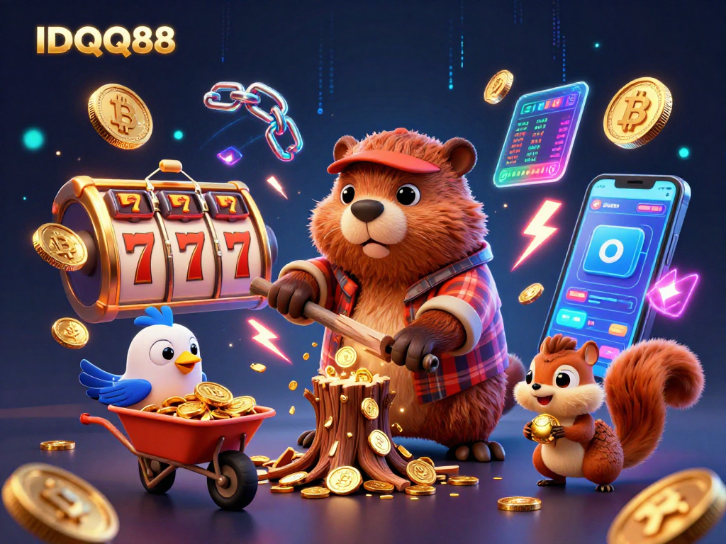 Spin the reels for gold with IDQQ88, featuring a beaver, bird, and squirrel in a vibrant casino.