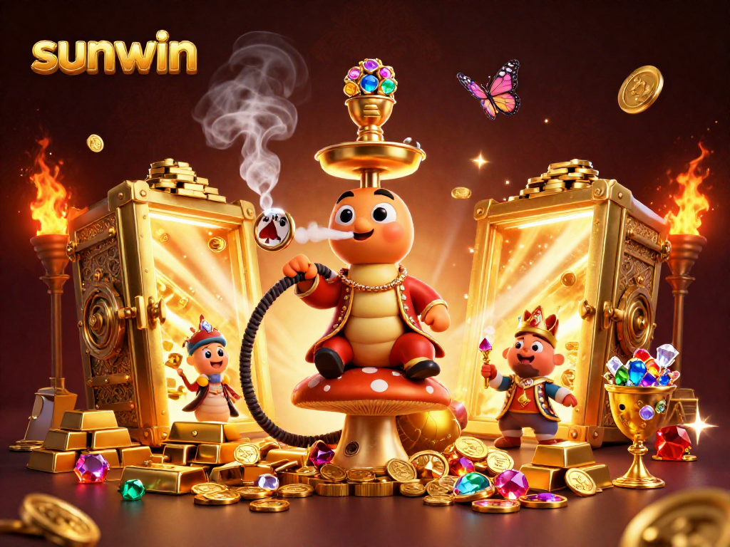 Sunwin players winning big in an extravagant 3D casino scene with treasure and excitement.