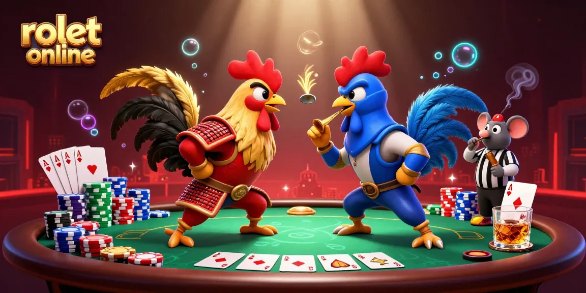Engage in thrilling rolet online action with roosters facing off in a vibrant casino atmosphere.
