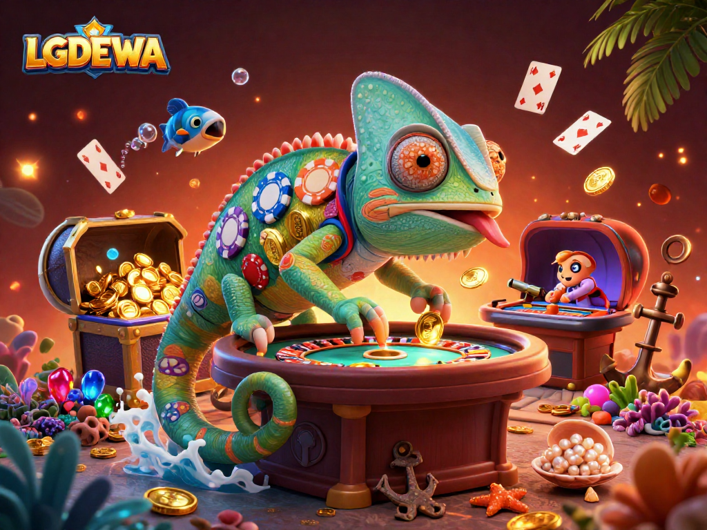 Engage with LGODEWA's vibrant casino experience featuring an animated chameleon and rich game elements.
