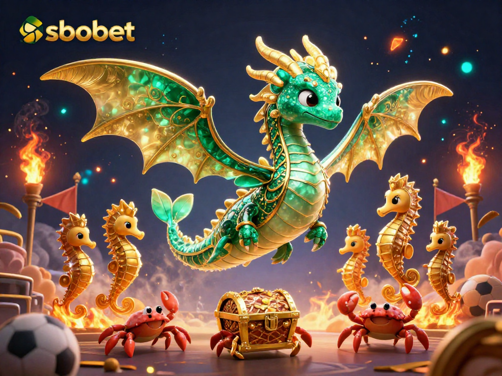 SboBet explores the exciting world of sports betting with vibrant illustrations of a sea dragon and guards, evoking action and thrill.