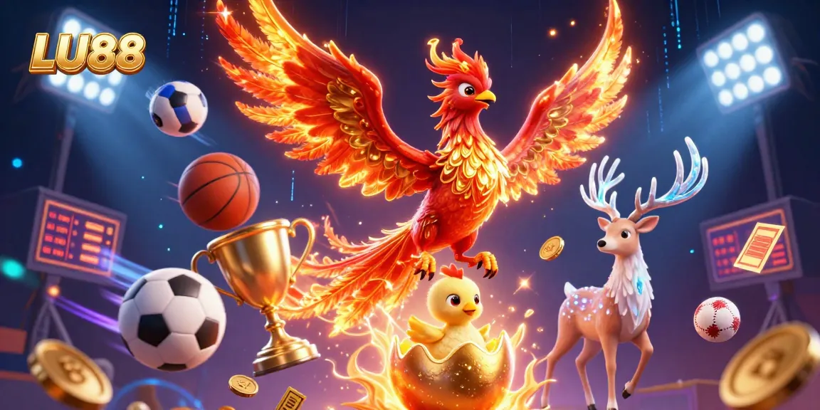 Engage with LU88 in a vibrant 3D casino scene featuring dynamic sports elements and a mythical phoenix.