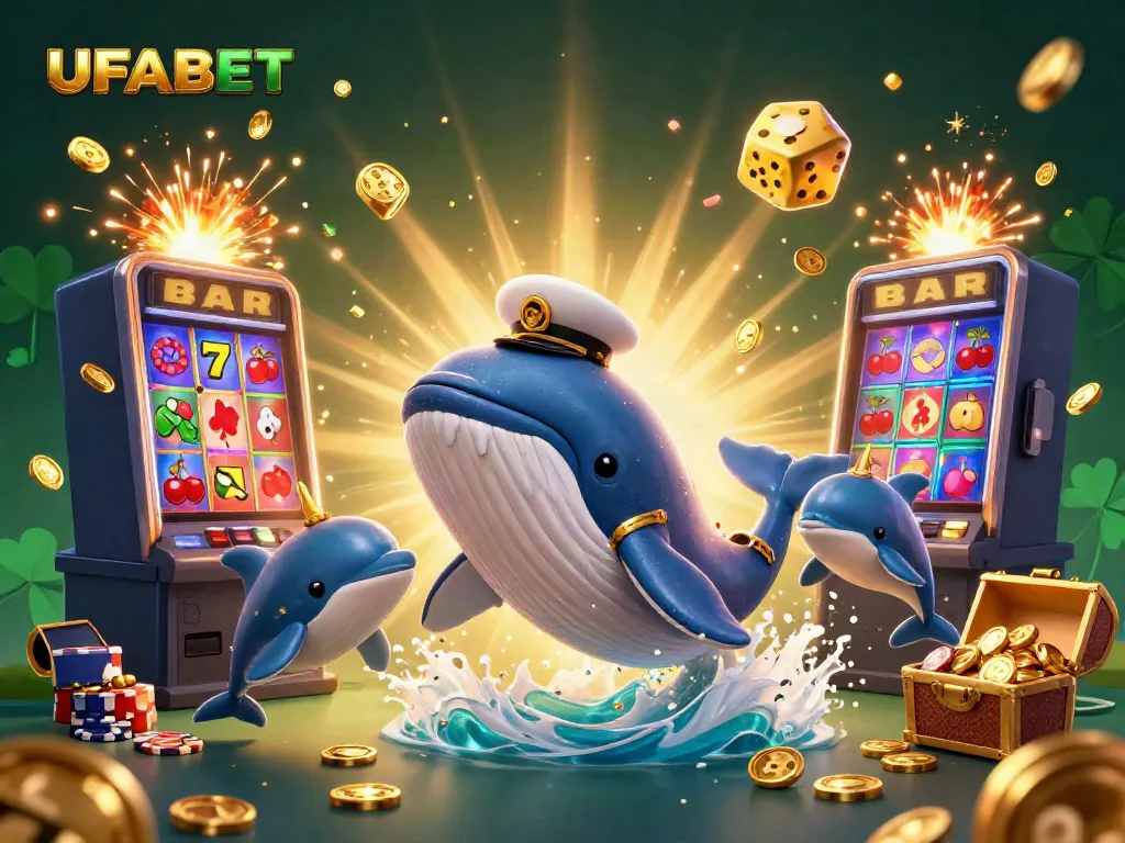 UFABET showcases a playful whale and dolphins in a vibrant casino scene bursting with excitement.